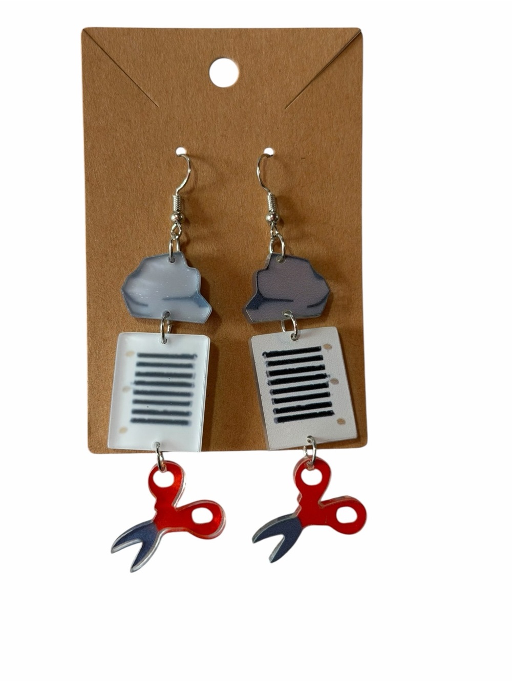 Unbranded Red Scissors Dangle Earrings with Gray and White Accents